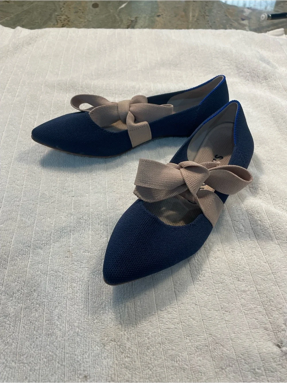 Rothys Sapphire Blue Pink Point Toe Mary Jane Knit Bow Ballet Flats Size 6.5
